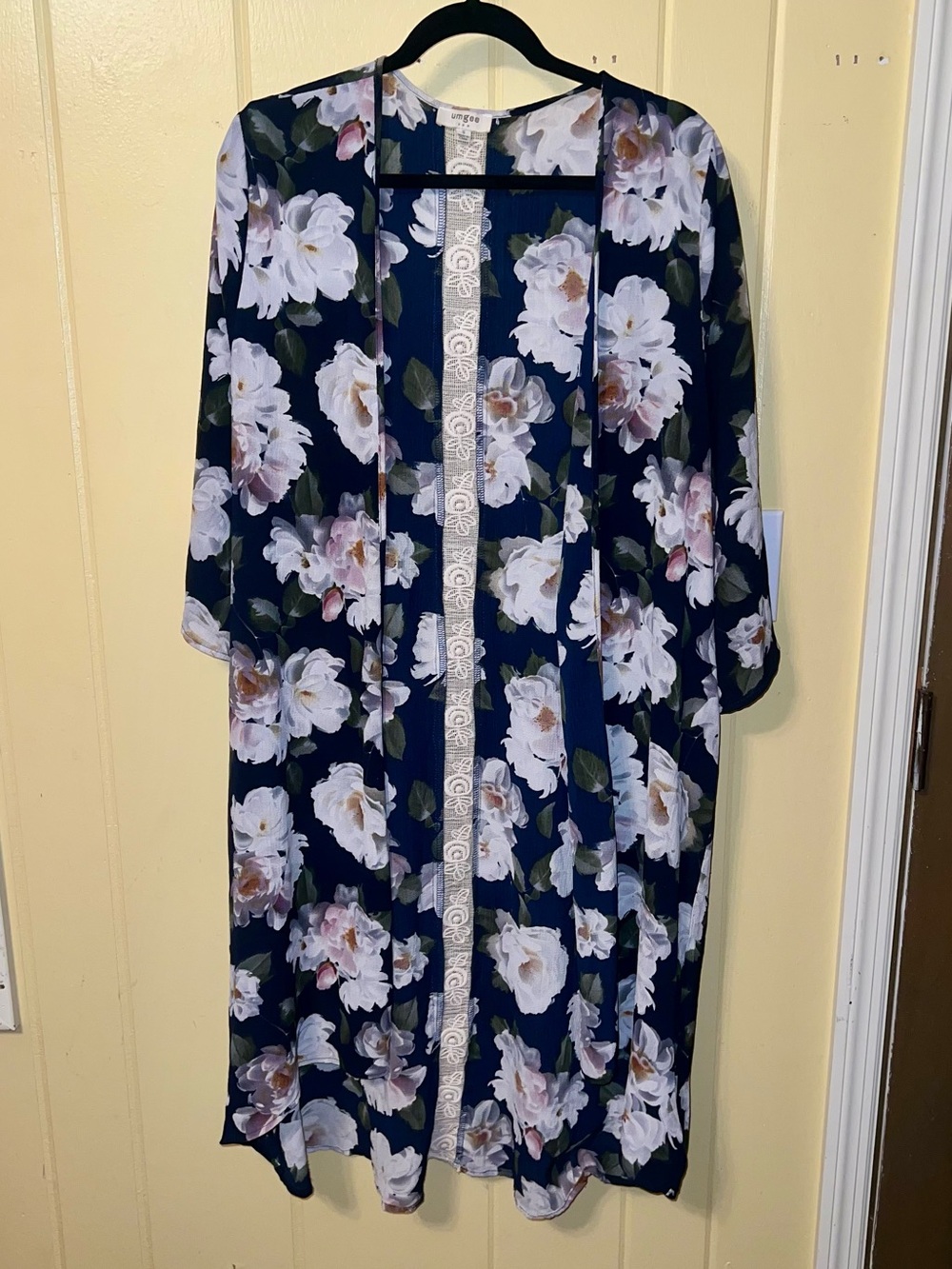 Umgee Crochet Lace Navy Duster Kimono Floral Cardigan Oversized Boho Size S